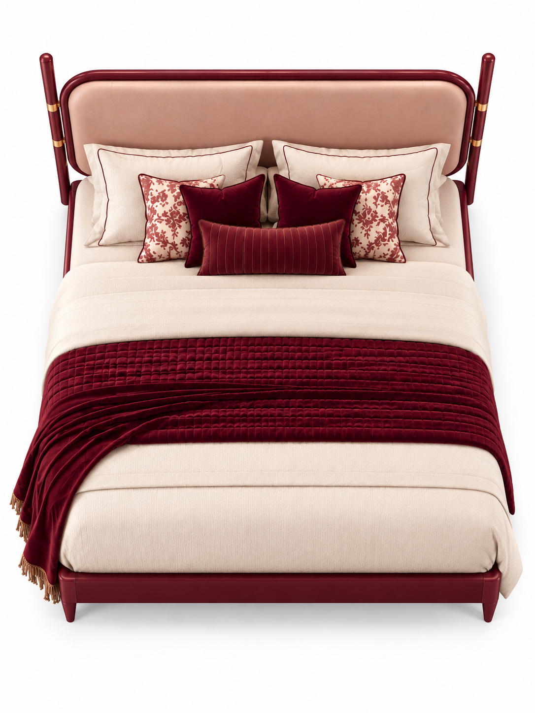 The Ivora Bed — Luxury Upholstered Bed with Burgundy Finish