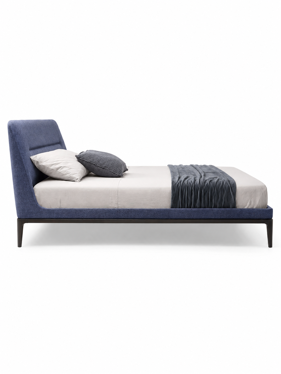 The Arvello Bed — Modern Blue Upholstered Bed with Wooden Base