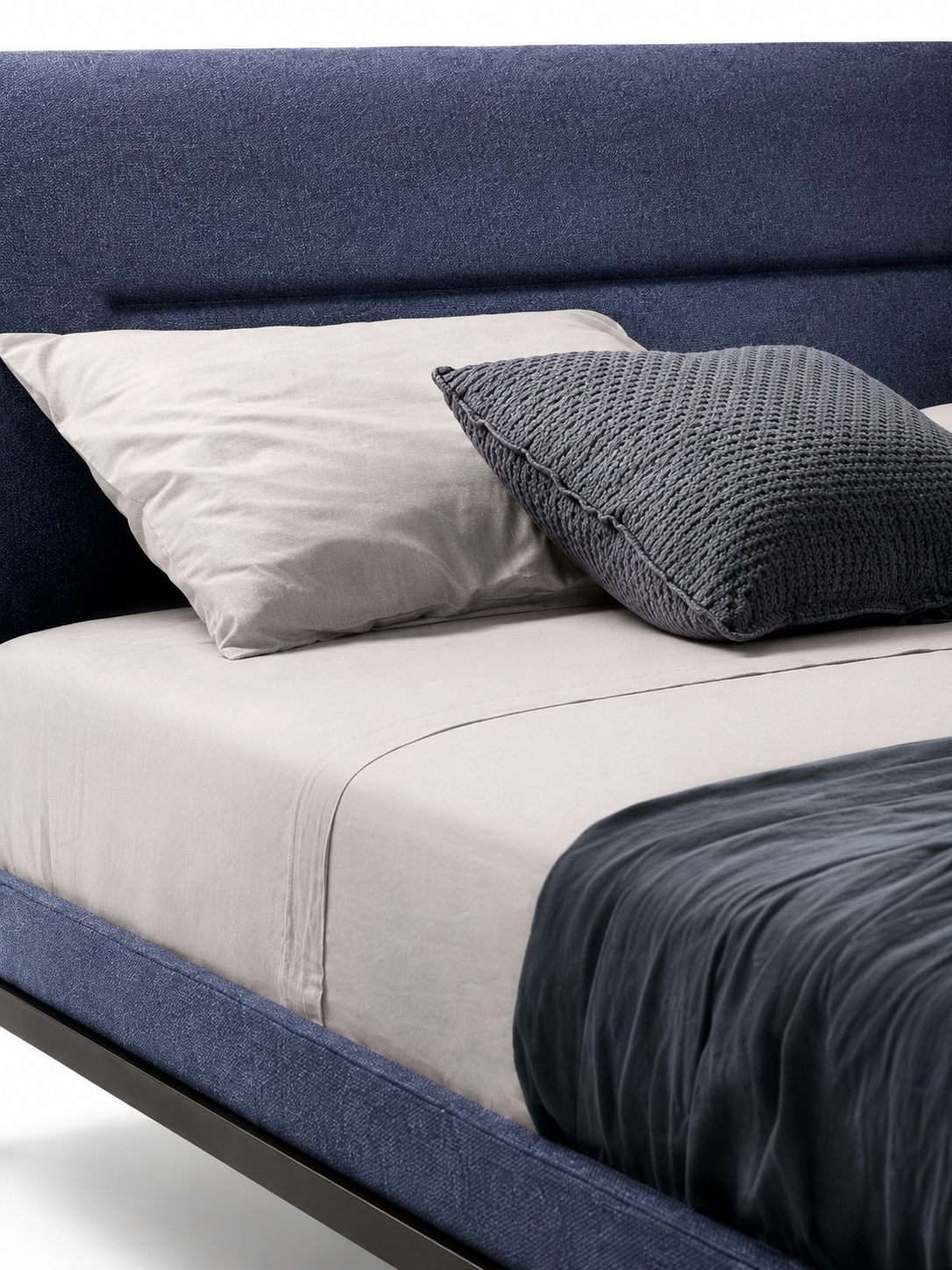 The Arvello Bed — Modern Blue Upholstered Bed with Wooden Base