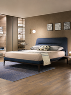 The Arvello Bed — Modern Blue Upholstered Bed with Wooden Base