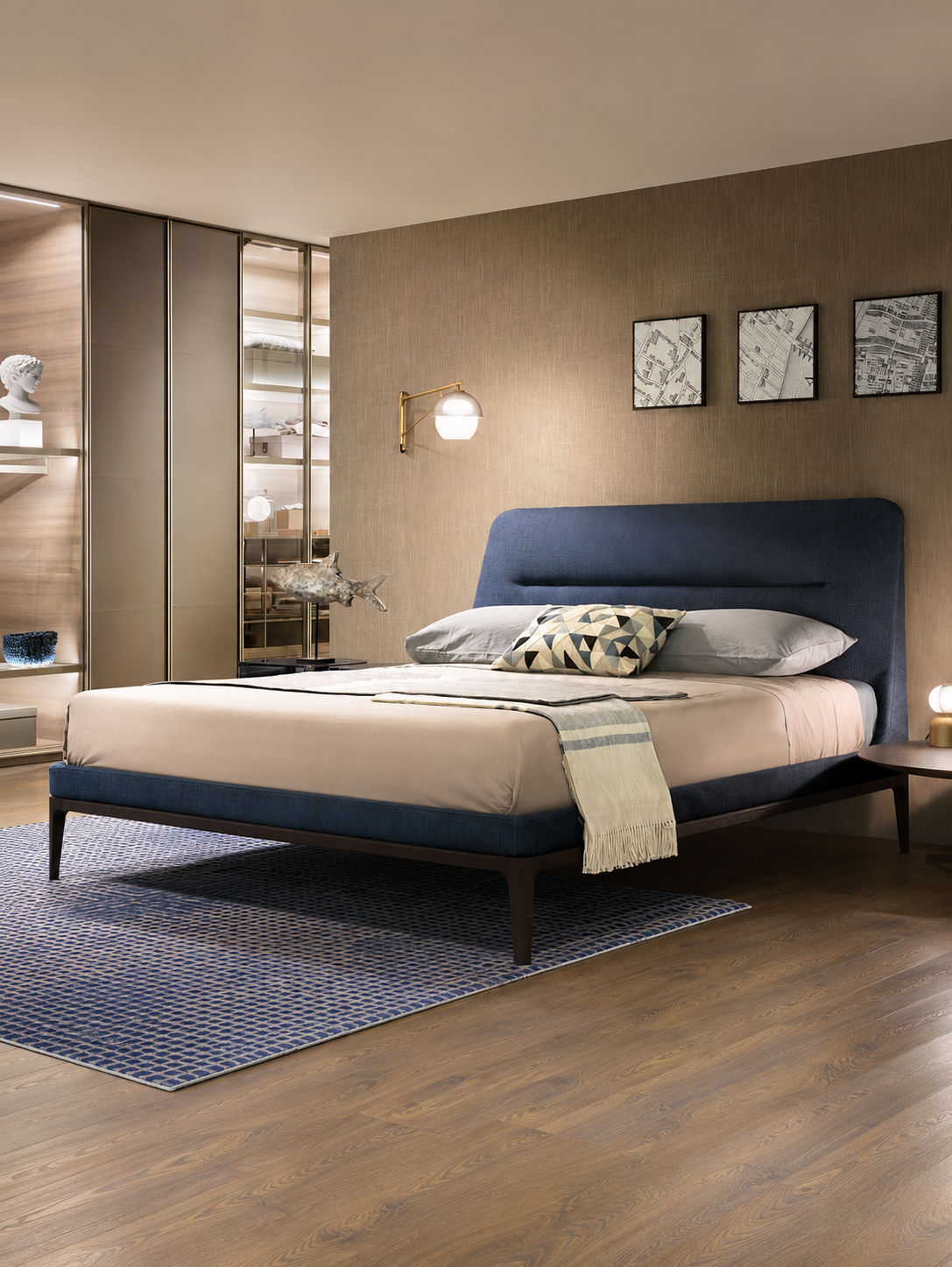 The Arvello Bed — Modern Blue Upholstered Bed with Wooden Base