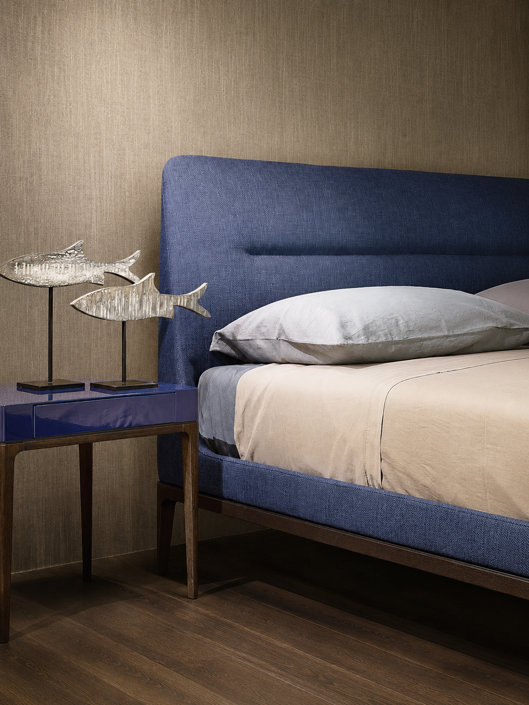 The Arvello Bed — Modern Blue Upholstered Bed with Wooden Base
