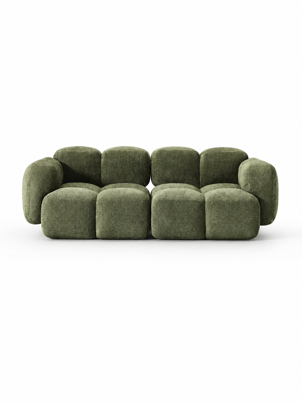 The Olivea Sofa — Curved Two-Seater, Dark Green Bouclé Upholstery