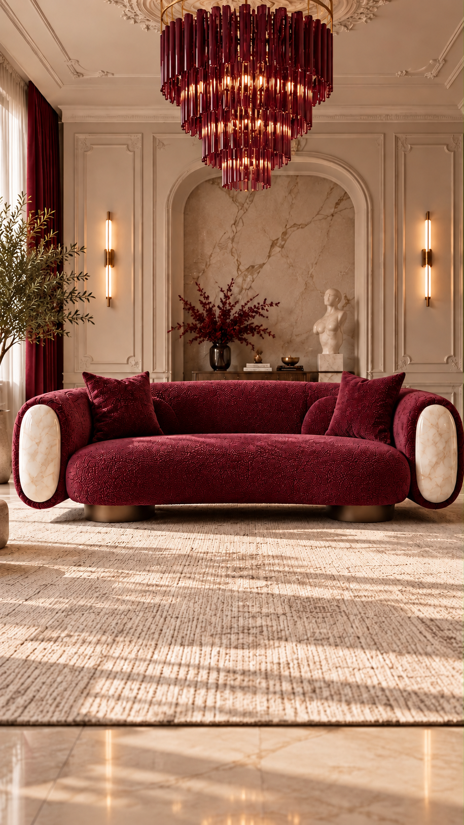 The Juvella Sofa — Luxury Burgundy Bouclé 3 Seater Designer Sofa