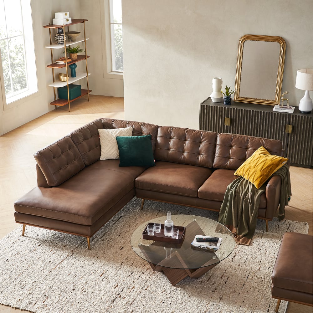 Lasha Leather Tan Chaise Sectional Sofa