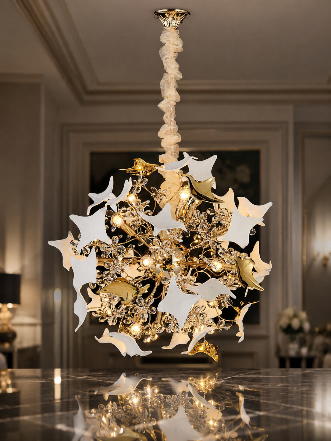 The Zarellia Bloom Chandelier — Luxury Gold Floral Crystal Pendant Light