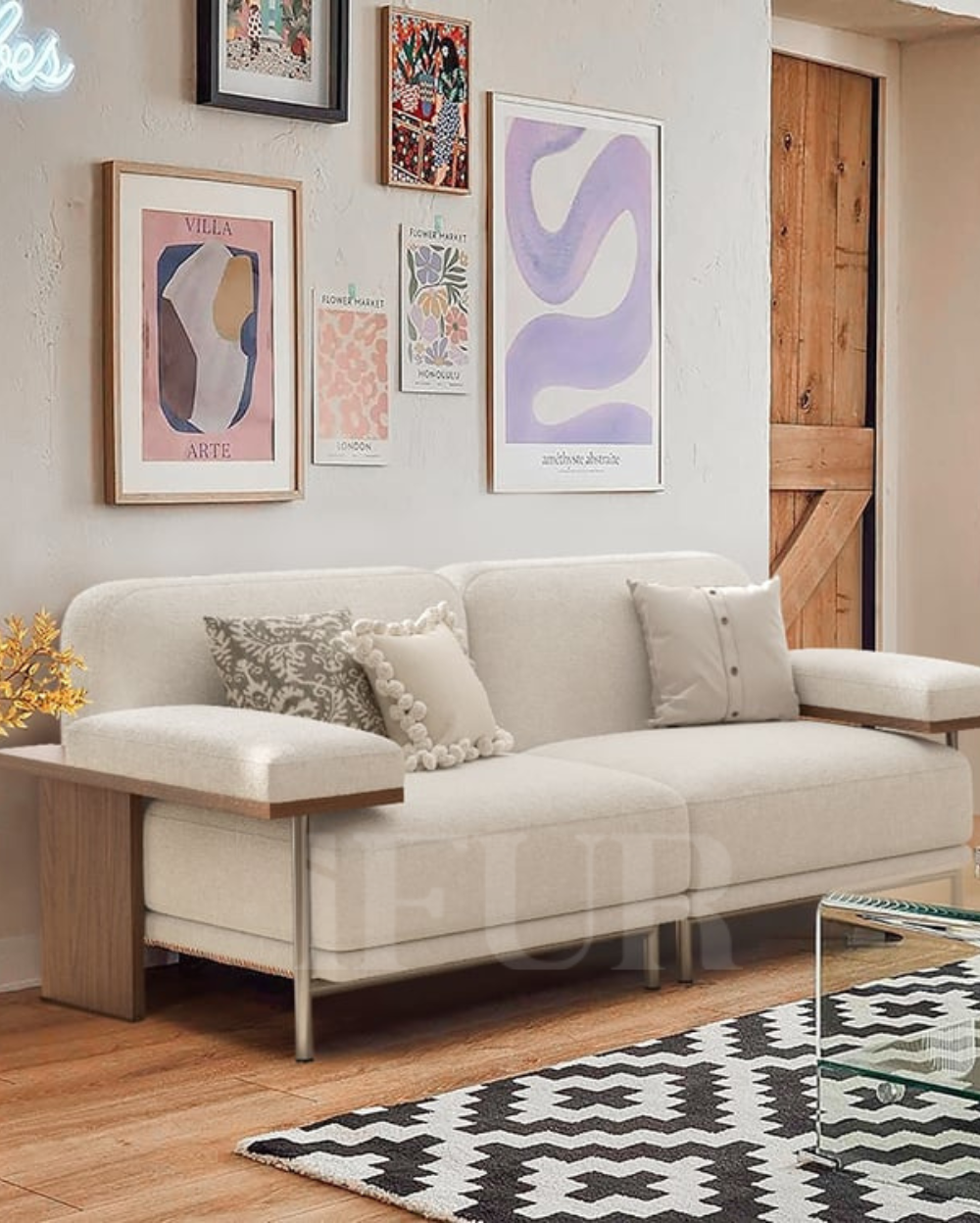 Canyon Cream Velvet 2 Seater Modular Sofa With Ash Wood Frame
