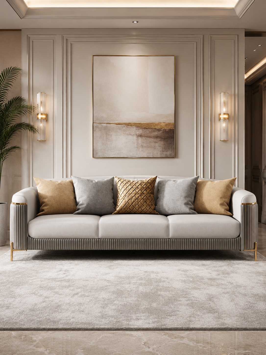 Jumbo Luxury Faux Leather Sofa with 4 Legs Stainless Steel Frame in Gold Finish