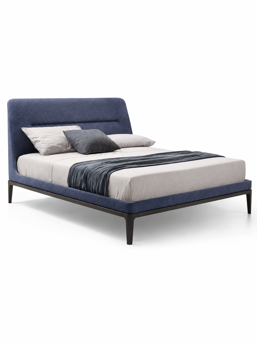 The Arvello Bed — Modern Blue Upholstered Bed with Wooden Base