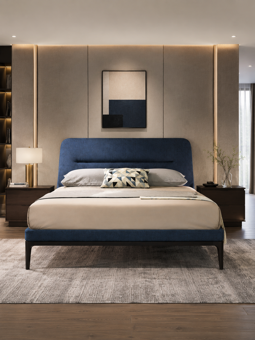 The Arvello Bed — Modern Blue Upholstered Bed with Wooden Base