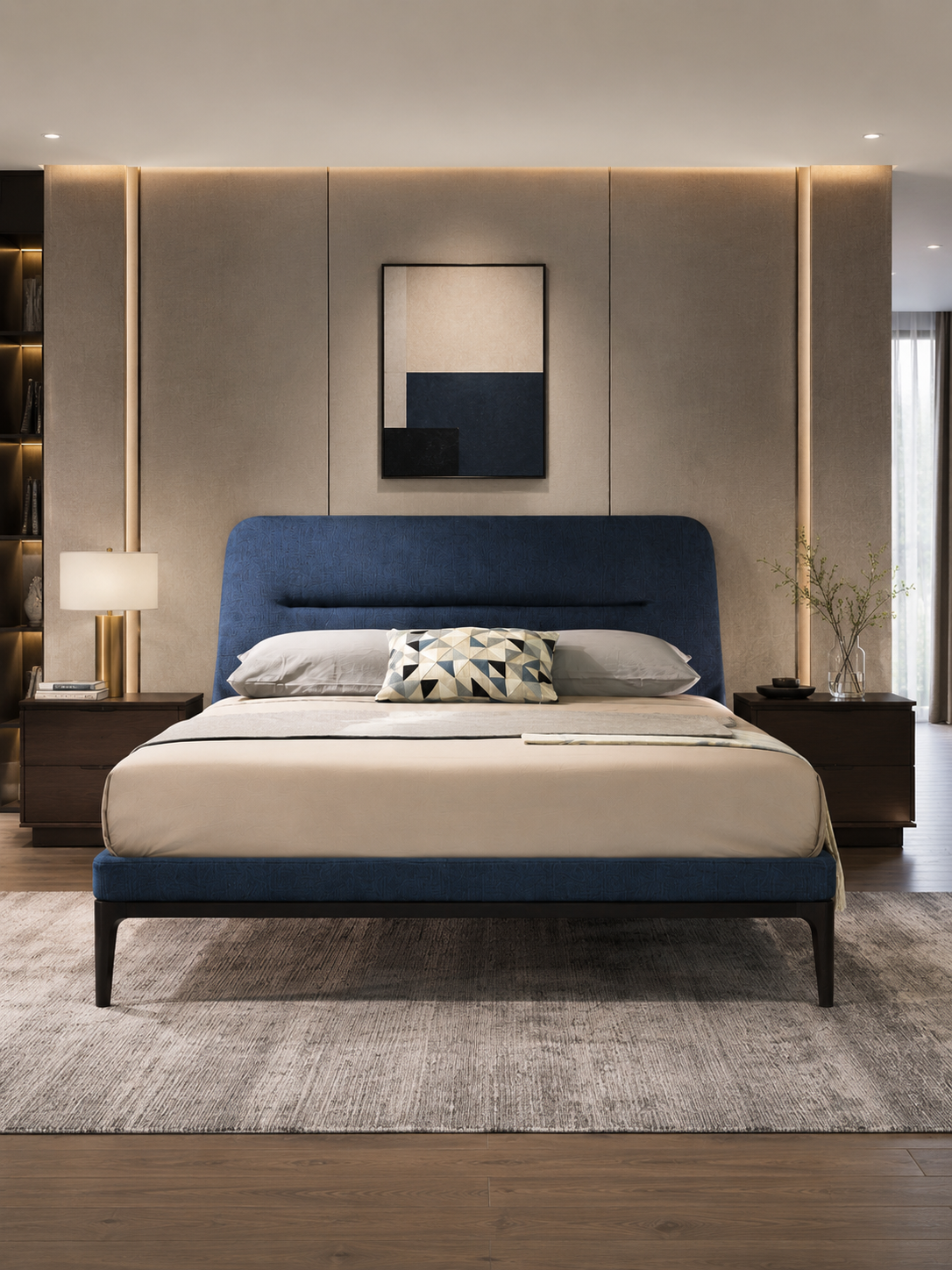 The Arvello Bed — Modern Blue Upholstered Bed with Wooden Base