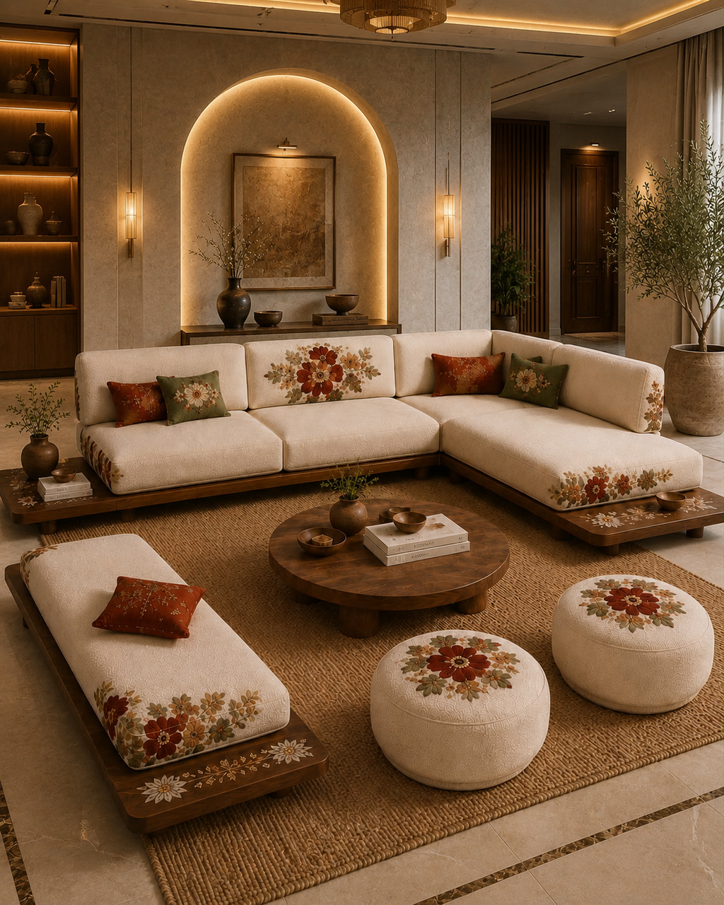The Zinnara Sofa — Luxury Floral Embroidered L-Shaped Sectional Sofa