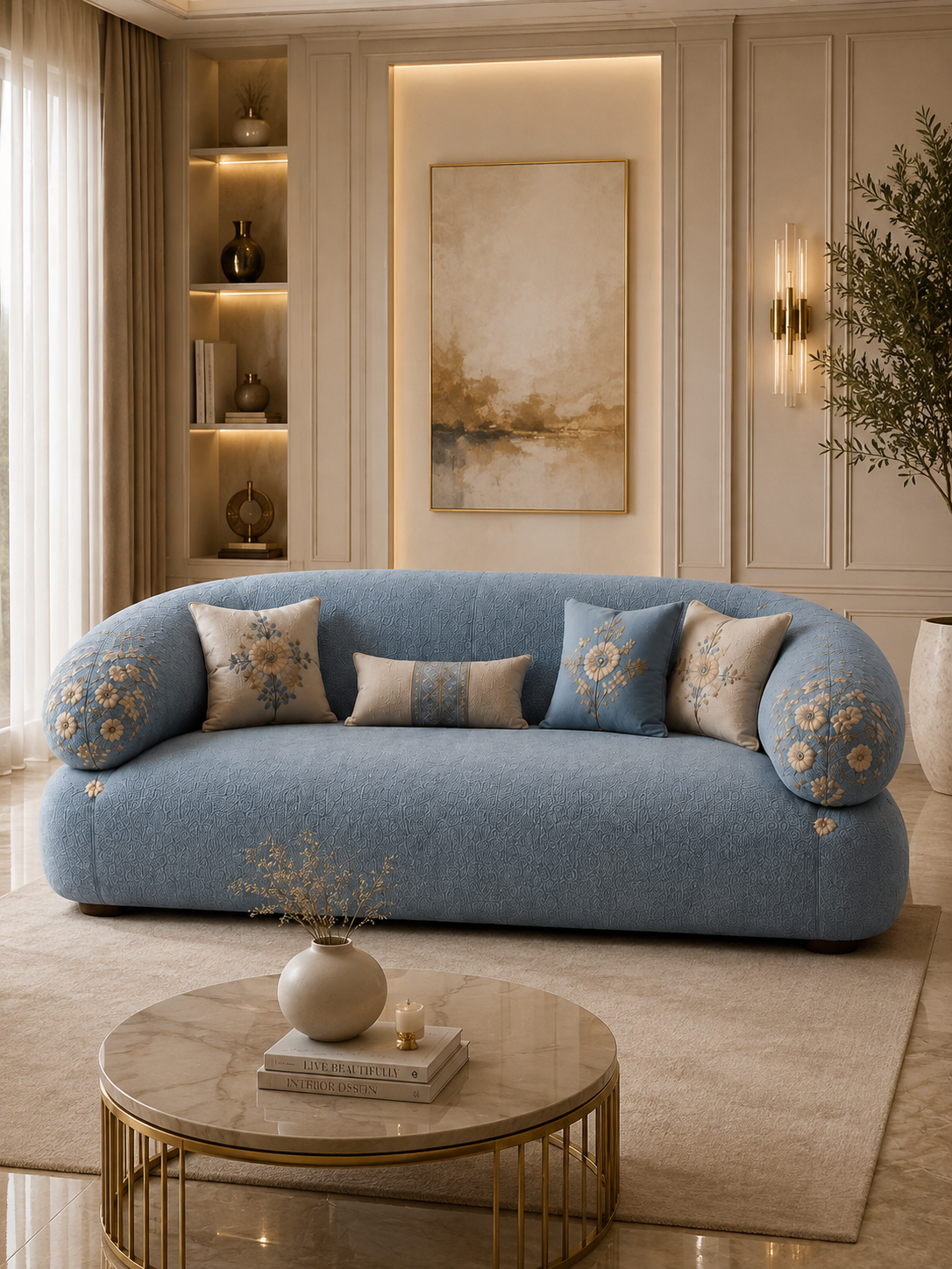 The Azureh Sofa — Luxury Mughal-Inspired Embroidered 3 Seater Sofa