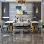 minimalist stainless steel and marble table design with luxurious golden accents.