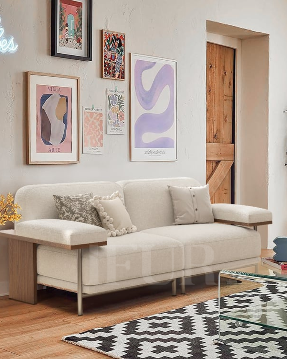 Canyon Cream Velvet 2 Seater Modular Sofa With Ash Wood Frame