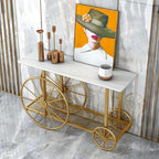 Artificer Designer Marble Top 2-Tier Console Table with Decorative Trolley Wheels in Gold Finish