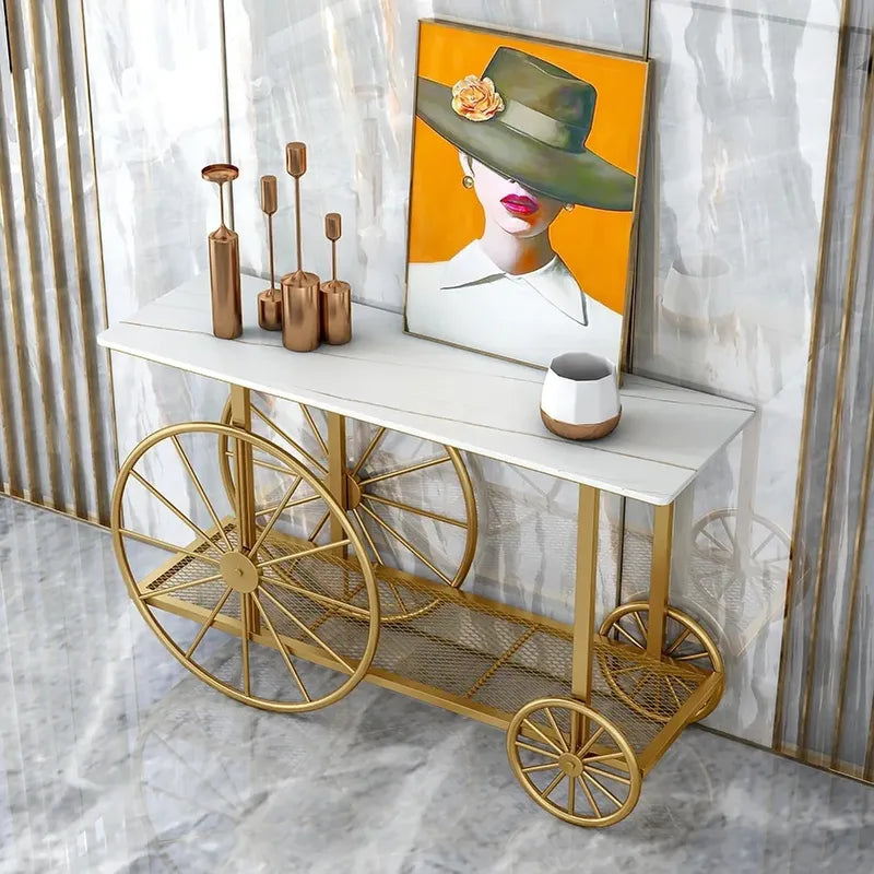 Artificer Designer Marble Top 2-Tier Console Table with Decorative Trolley Wheels in Gold Finish