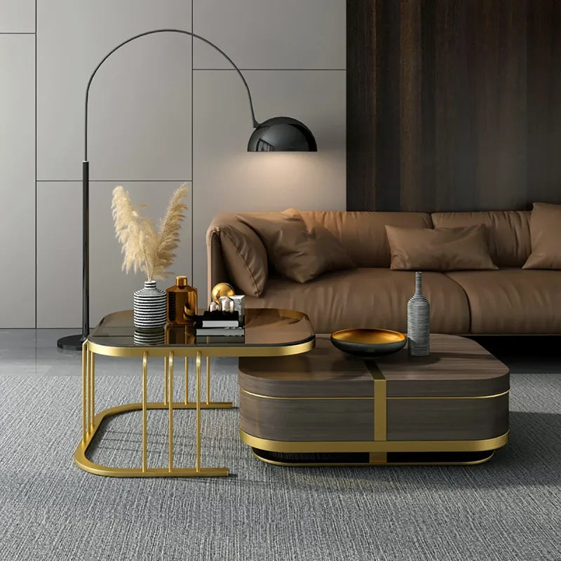 Beats Modern Nesting Coffee Table with Hidden Storage Tempered Glass Top Walnut & Gold