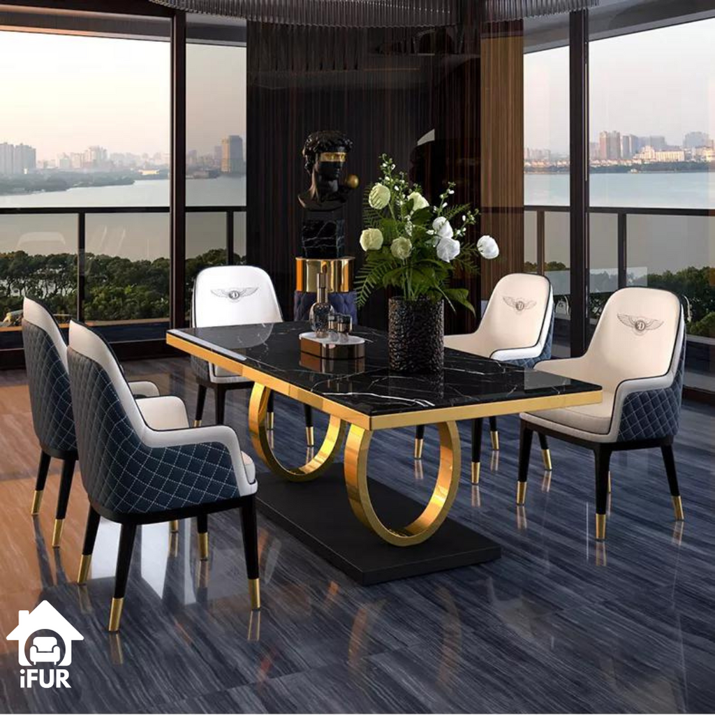 Orion Modern Luxury Dining Table featuring Natural Marble Top and Metal Frame
