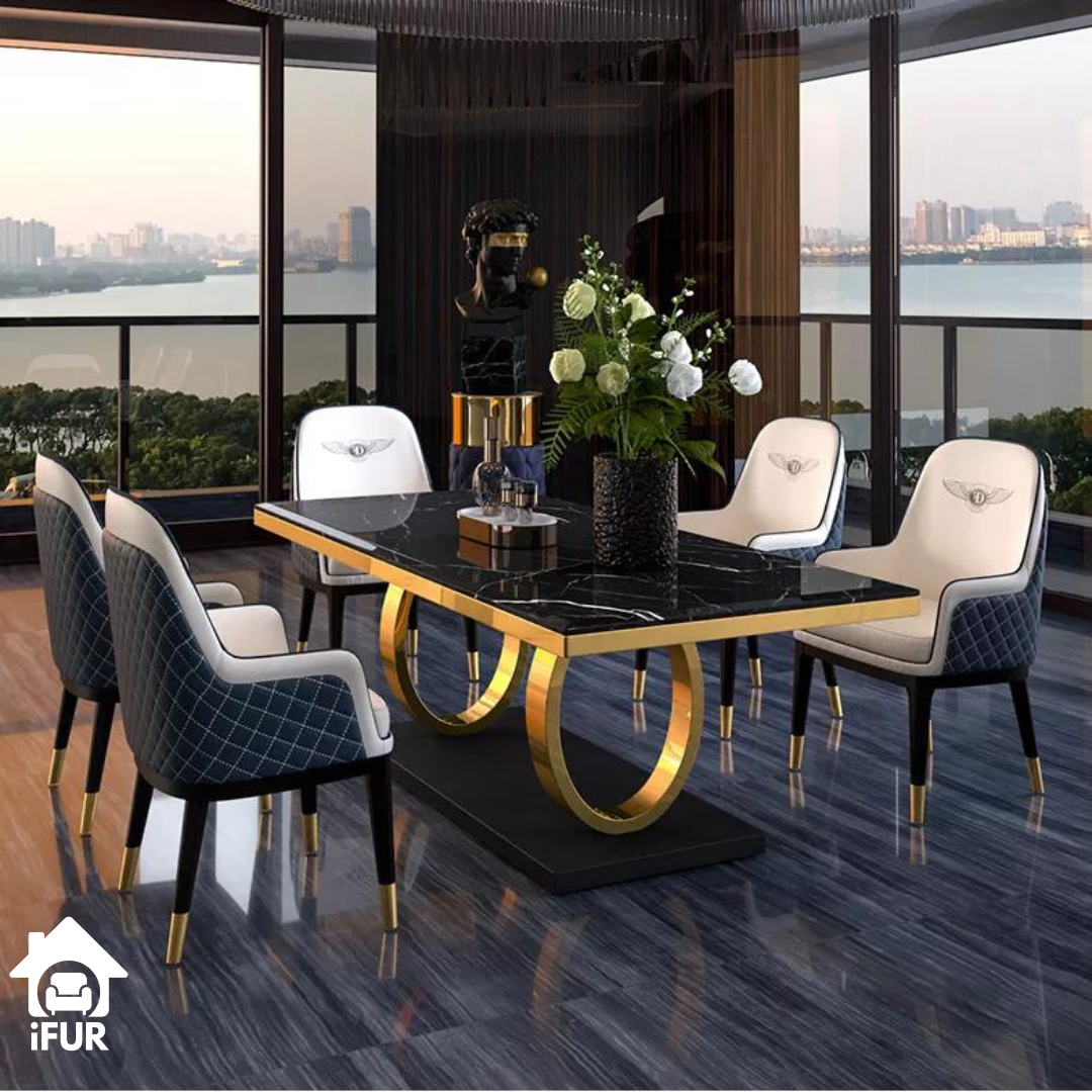 Orion Modern Luxury Dining Table featuring Natural Marble Top and Metal Frame