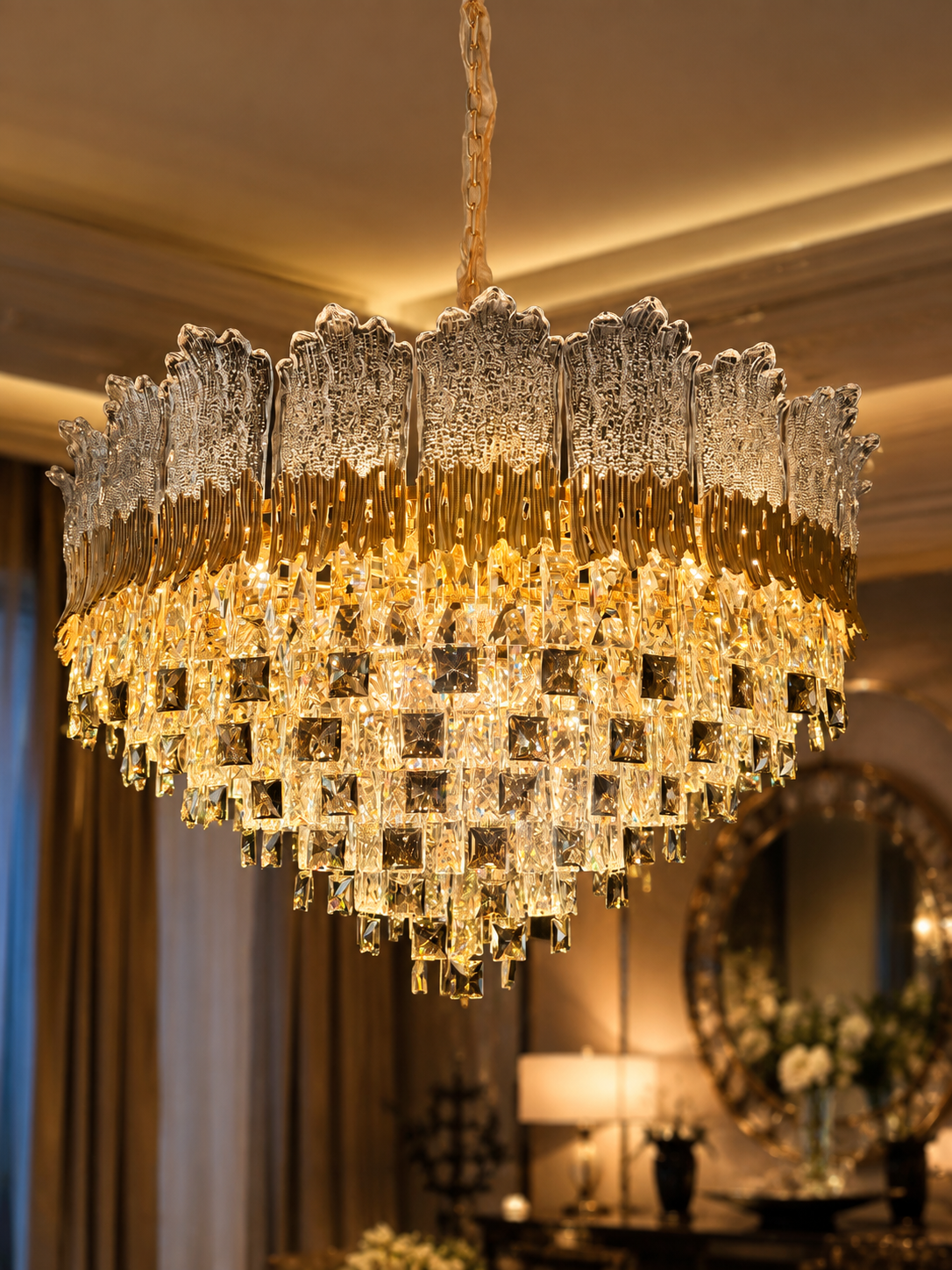 The Uvelisse Chandelier — Luxury Sculpted Glass & Crystal Cascade Chandelier