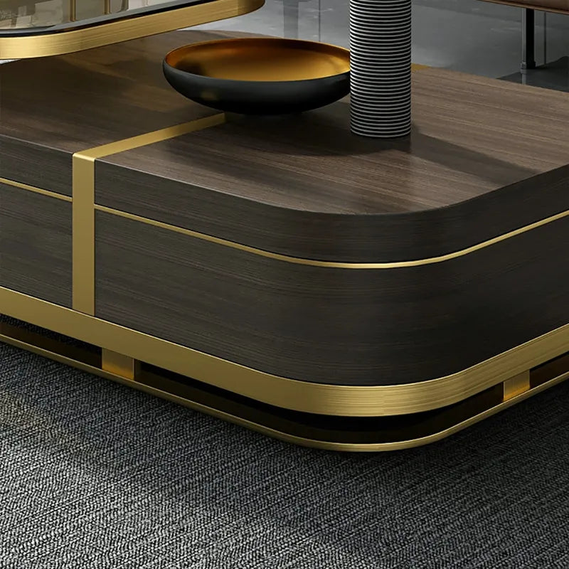 Beats Modern Nesting Coffee Table with Hidden Storage Tempered Glass Top Walnut & Gold