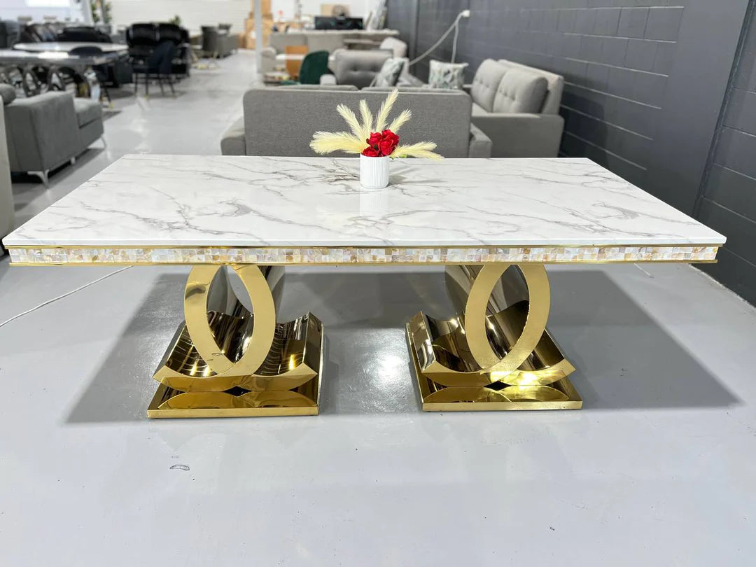 Zora Luxurious Gold Stainless Steel Dining Table with Marble Countertop