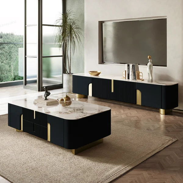 Urbana Modern TV Stand With Marble Top 4 Doors with Storage