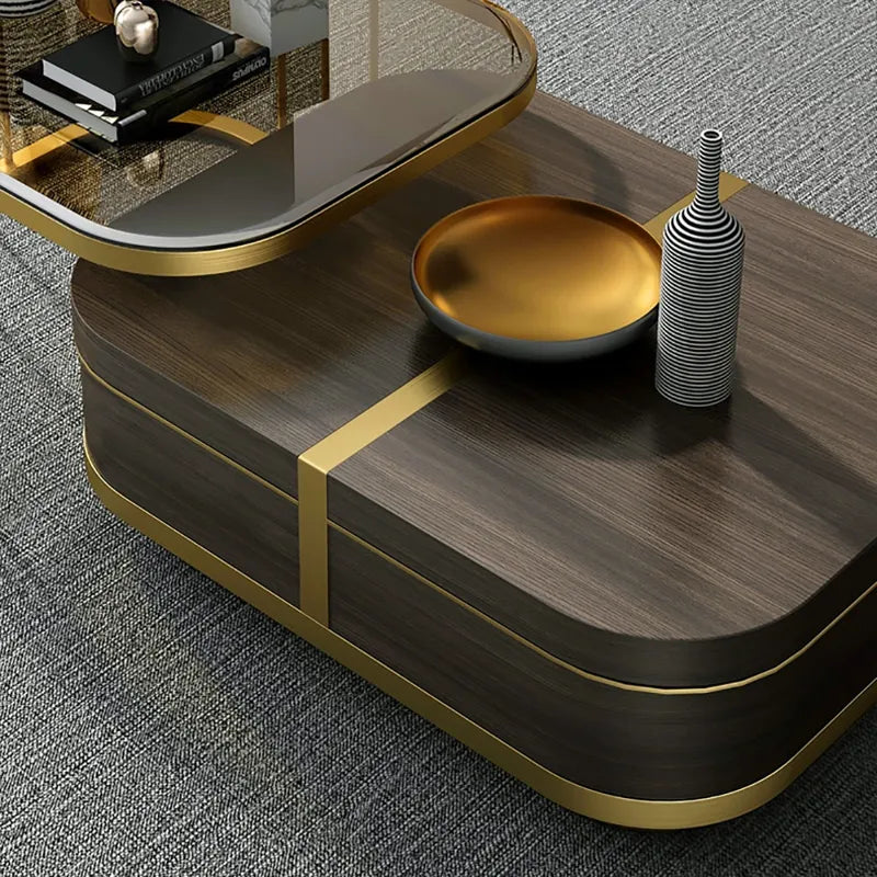 Beats Modern Nesting Coffee Table with Hidden Storage Tempered Glass Top Walnut & Gold