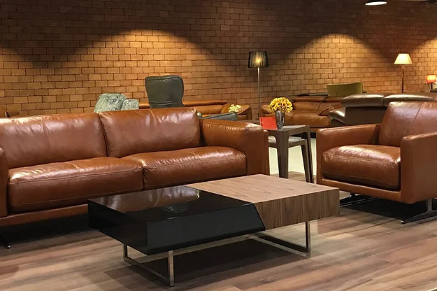 Chic Modern Walnut Leather Upholstered Sofa