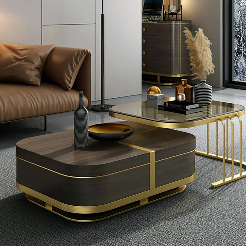 Beats Modern Nesting Coffee Table with Hidden Storage Tempered Glass Top Walnut & Gold