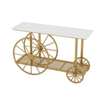 Artificer Designer Marble Top 2-Tier Console Table with Decorative Trolley Wheels in Gold Finish