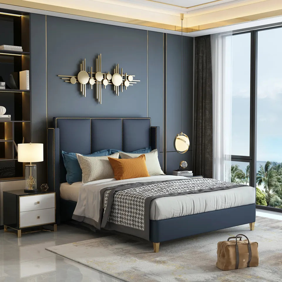 Zen Modern Upholstered Luxury Bed In Blue Leatherette