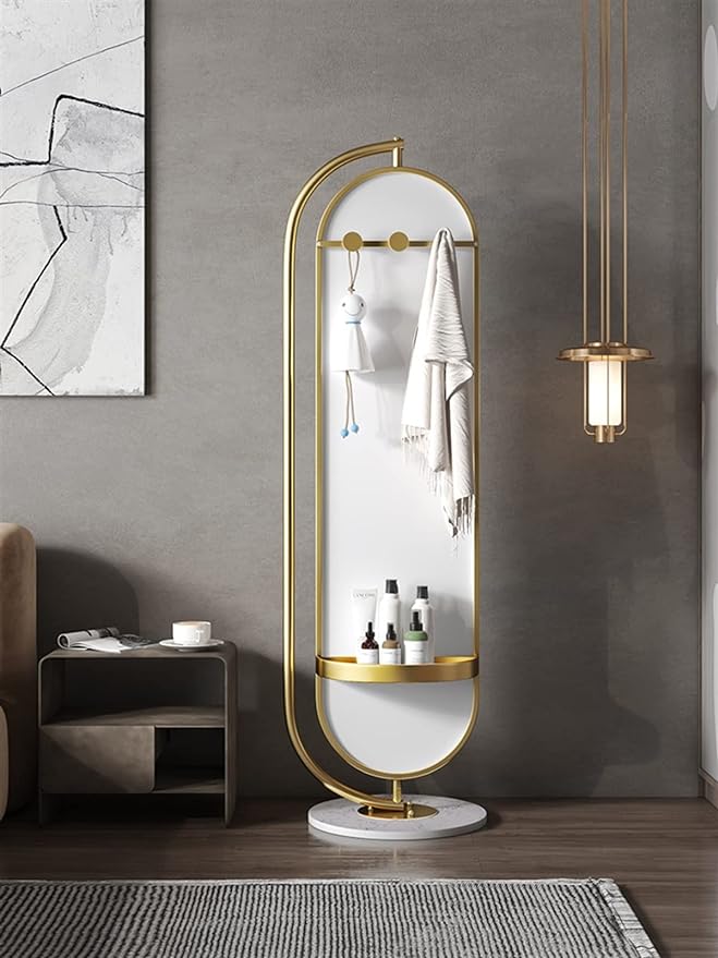 Oval Decorative Metal Rotatable Full Length Standing Floor Mirror With Marble Base