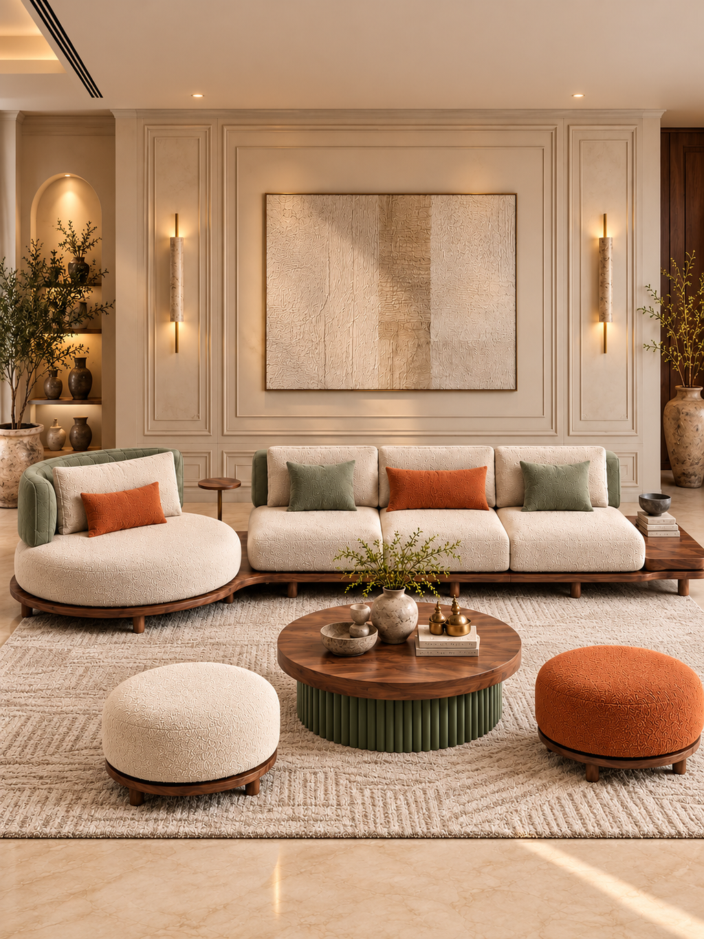 The Indira Sofa — Luxury 6-Seater Textured Fabric Sofa with Wooden Base