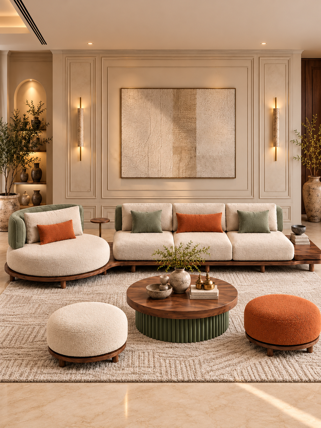 The Indira Sofa — Luxury 6-Seater Textured Fabric Sofa with Wooden Base