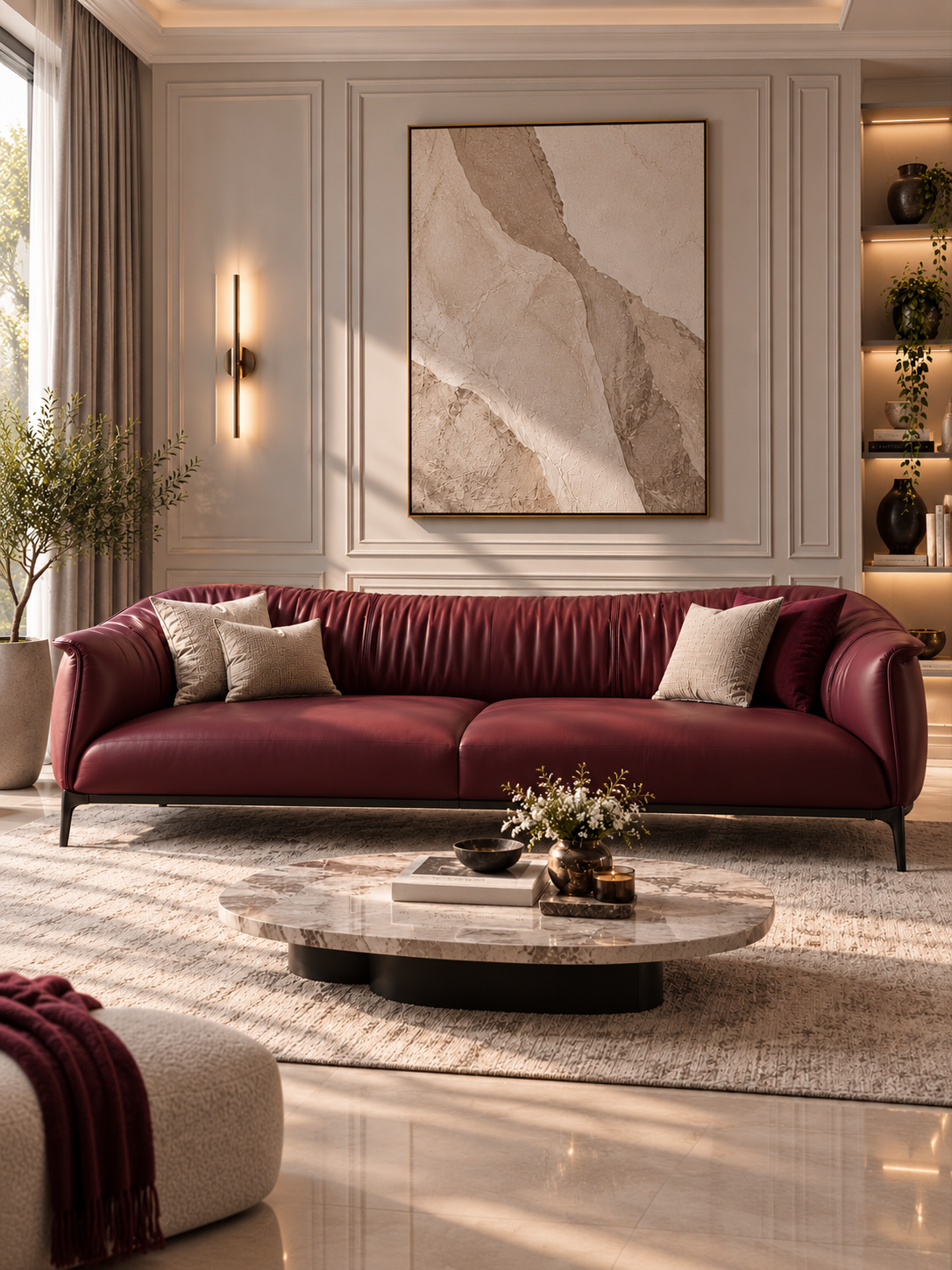 The Vellora Sofa — Luxury Burgundy Ribbed Leatherette 3-Seater Sofa