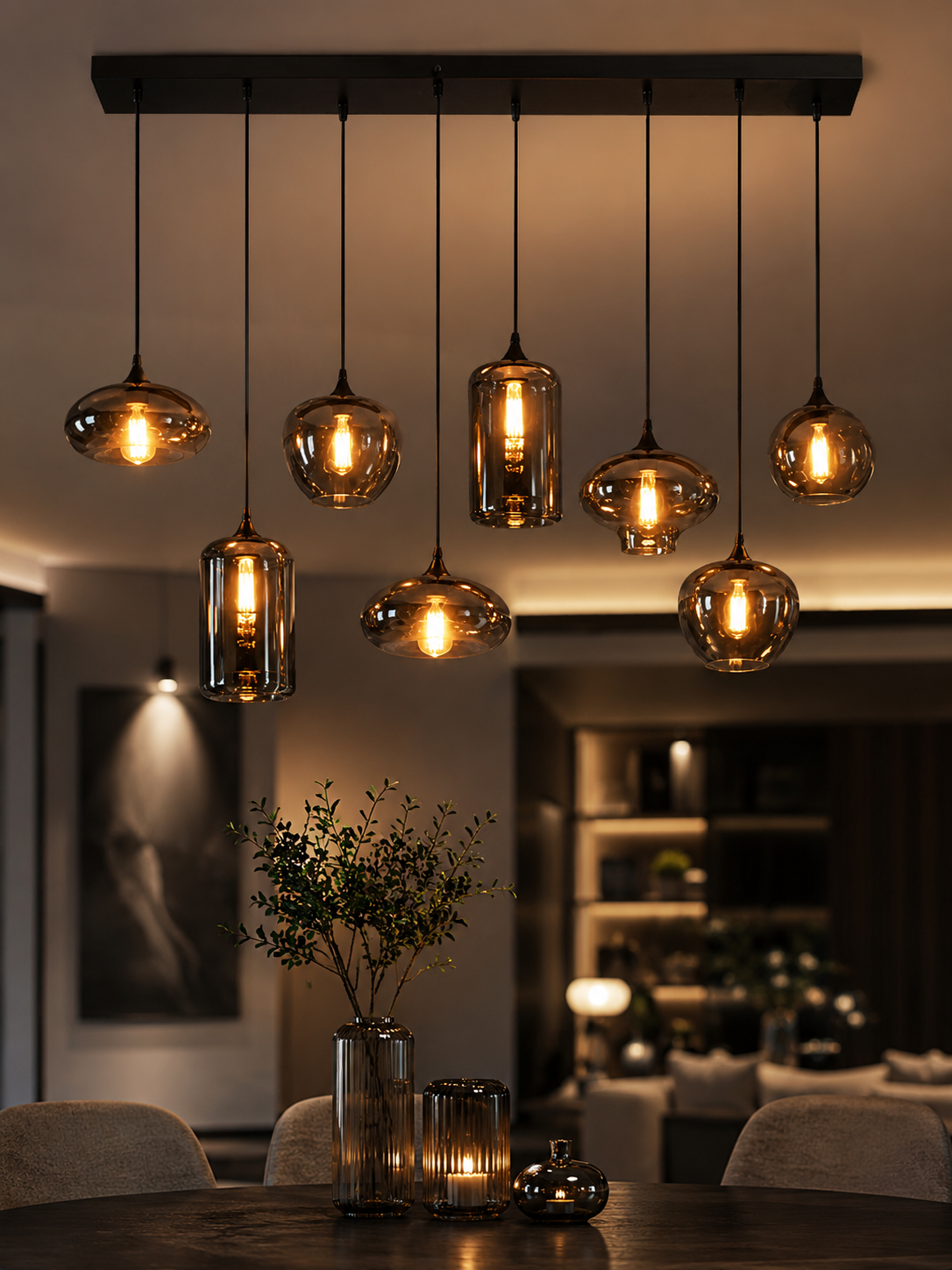 The Cascade Chandelier — Luxury Smoked Glass Multi-Light Pendant Chandelier