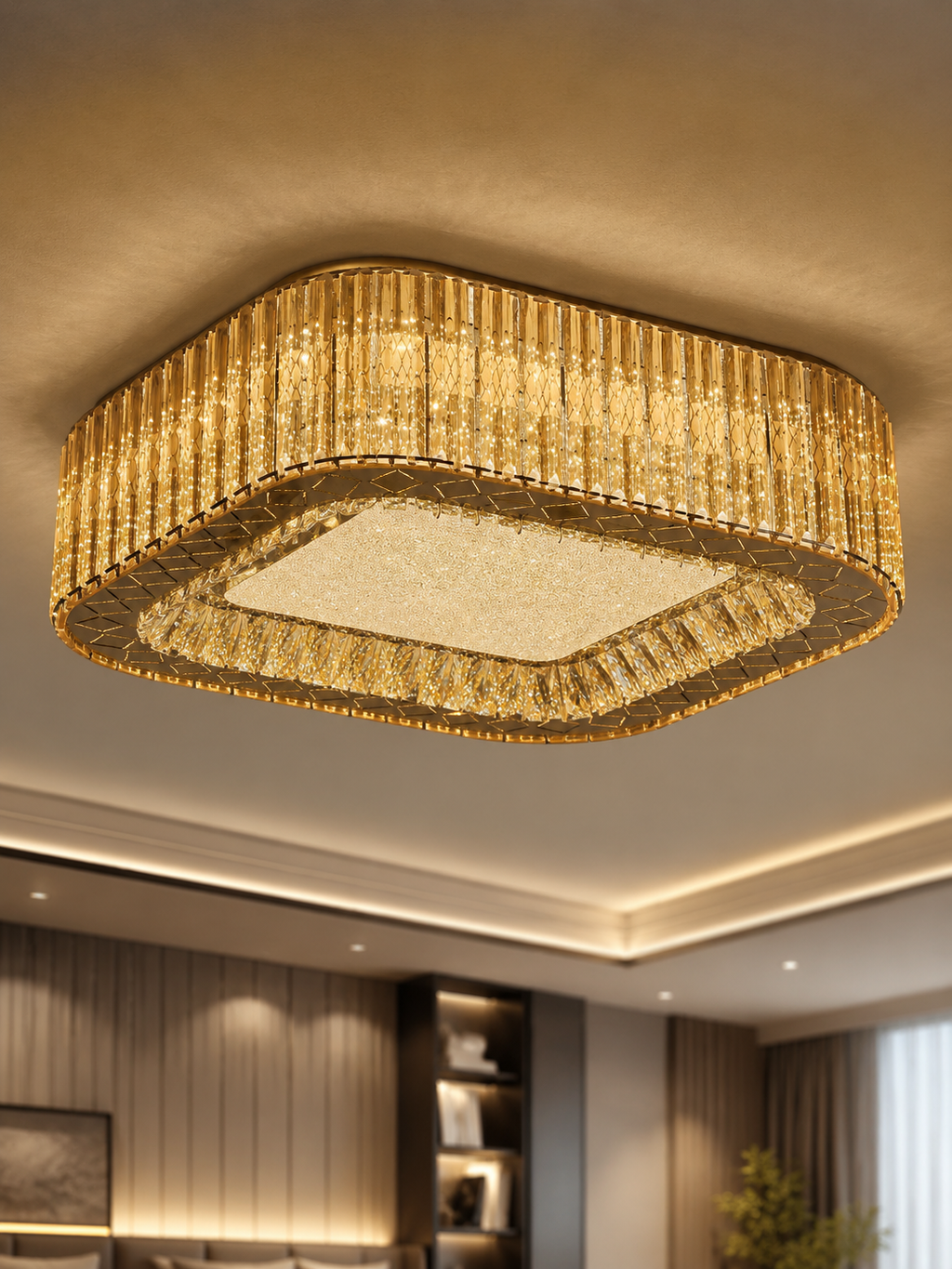 The Zorielle Chandelier — Luxury Golden Crystal Square Ceiling Chandelier