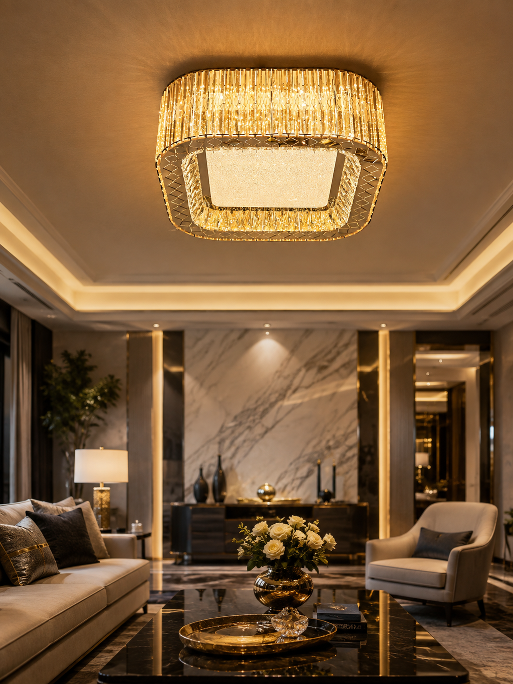 The Zorielle Chandelier — Luxury Golden Crystal Square Ceiling Chandelier
