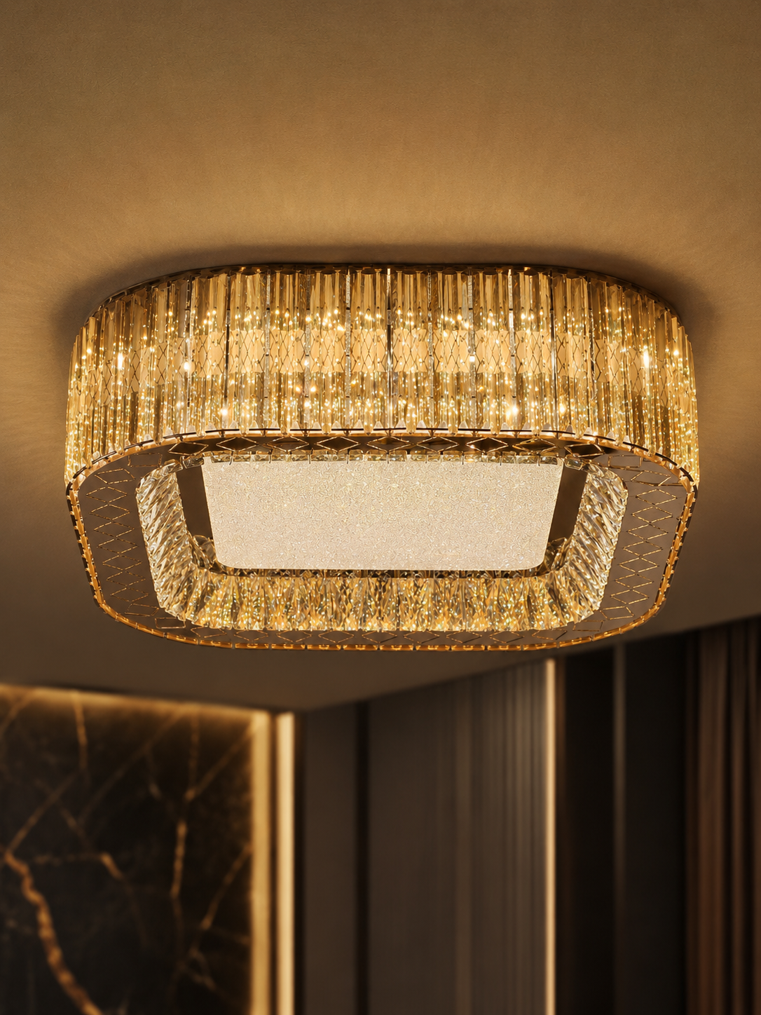 The Zorielle Chandelier — Luxury Golden Crystal Square Ceiling Chandelier