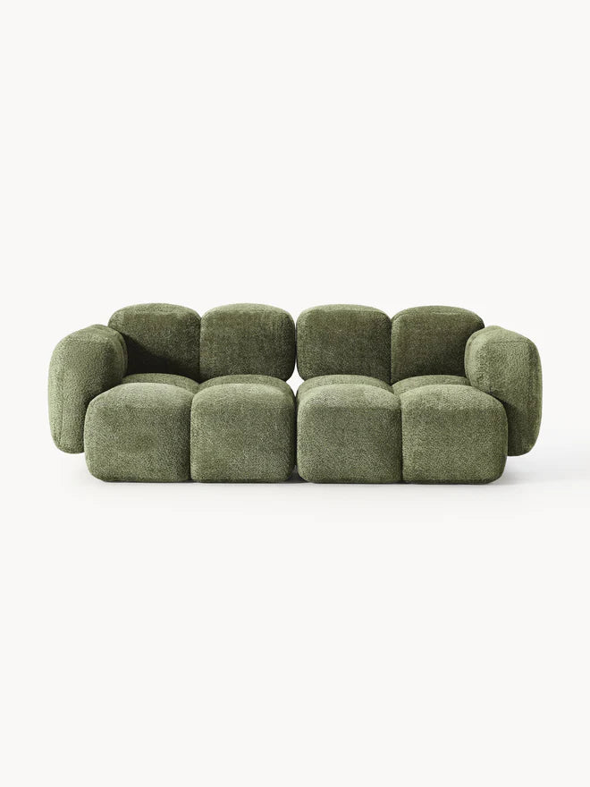 The Olivea Sofa — Curved Two-Seater, Dark Green Bouclé Upholstery