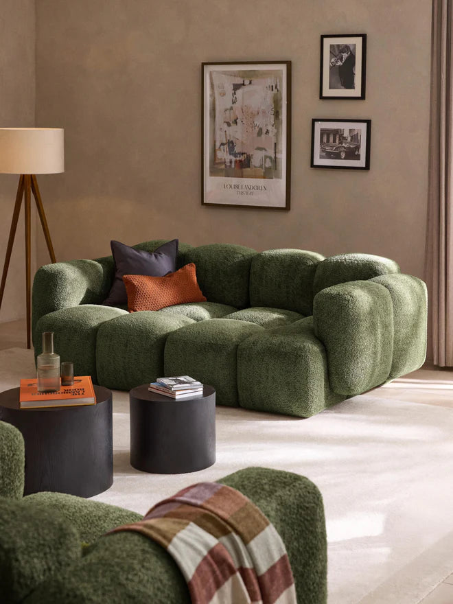 The Olivea Sofa — Curved Two-Seater, Dark Green Bouclé Upholstery