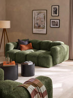 The Olivea Sofa — Curved Two-Seater, Dark Green Bouclé Upholstery