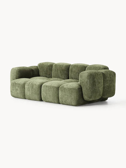 The Olivea Sofa — Curved Two-Seater, Dark Green Bouclé Upholstery