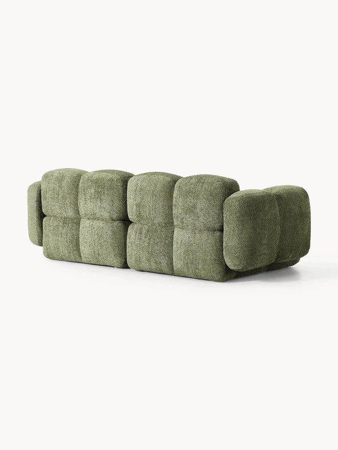 The Olivea Sofa — Curved Two-Seater, Dark Green Bouclé Upholstery