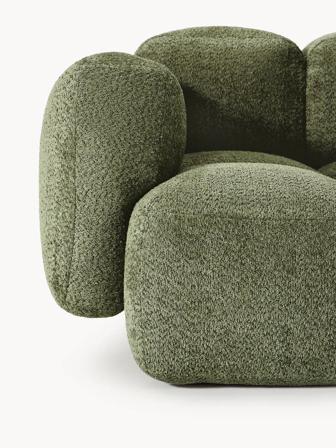 The Olivea Sofa — Curved Two-Seater, Dark Green Bouclé Upholstery