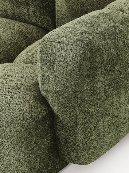 The Olivea Sofa — Curved Two-Seater, Dark Green Bouclé Upholstery