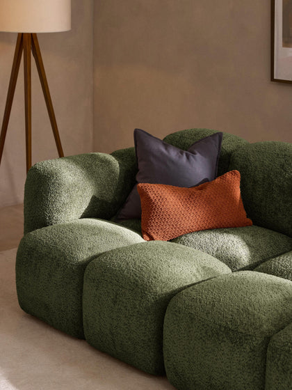 The Olivea Sofa — Curved Two-Seater, Dark Green Bouclé Upholstery