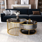 Real Modern Black Gold Glass Top Nesting Table With Drawer Storage